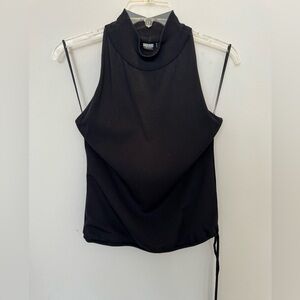 GUESS Sleeveless Mock Neck Pullover Top Nylon Black Sheer Stretchy Tie Waist L